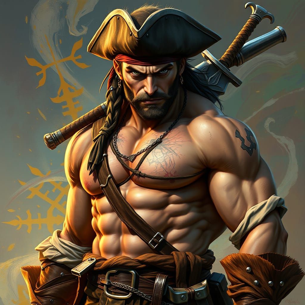 Rugged Pirate in Earth-Toned Gear with Intense Gaze