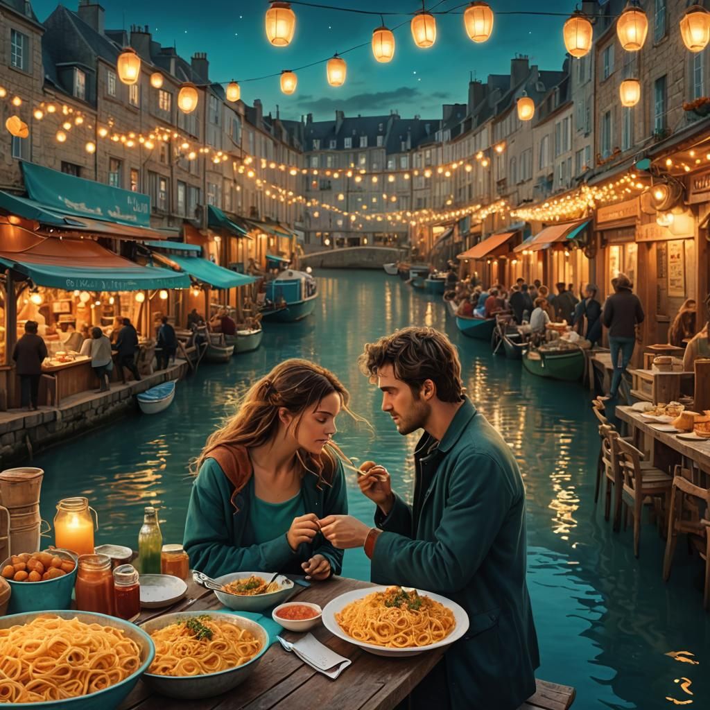 Romantic Brittany Port Scene with Kissing Lovers