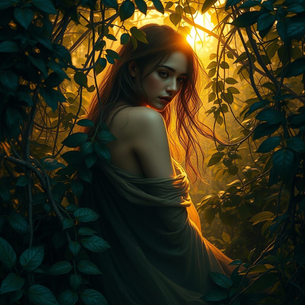 Woman Hidden in Lush Greenery, Shrouded in Warm Golden Light