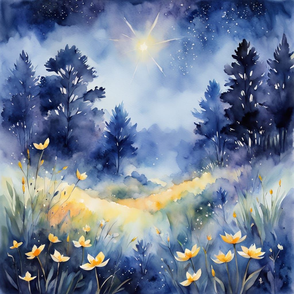Summer Night Meadow with Fireflies in Watercolor