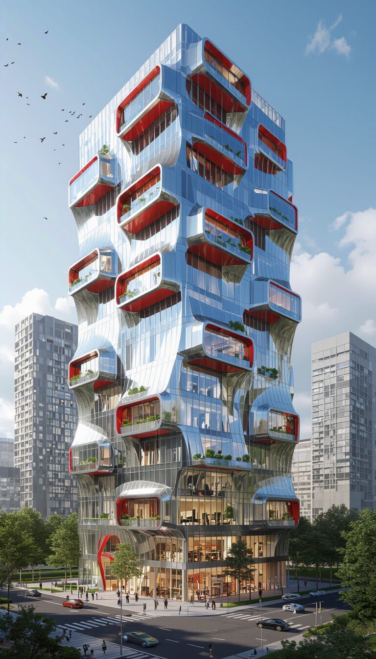 Futuristic Twisted High-Rise Building in Sleek Style