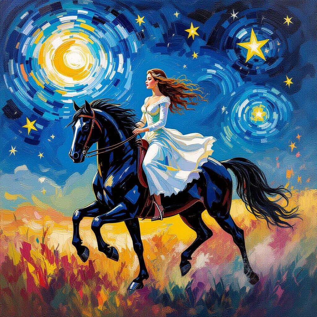 Alien Woman Rides Black Steed Amidst Leaping Stars in Gouach...