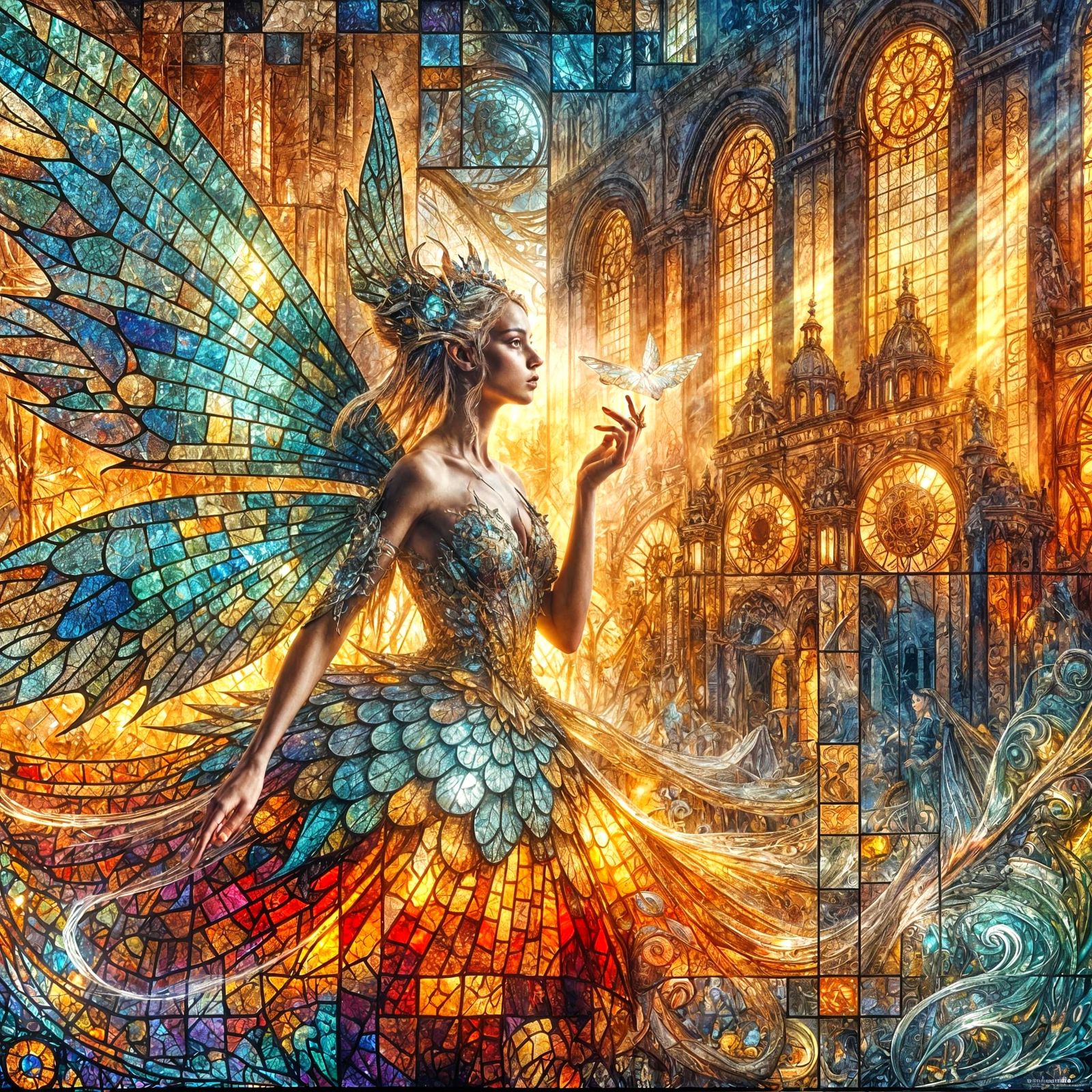 Fierce Fairy in Stained Glass Scales Defends Castle