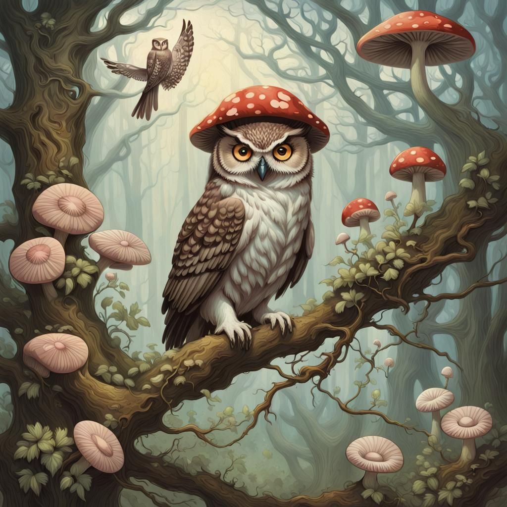 Mushroom Owl with Flower Vines in Graphic Style