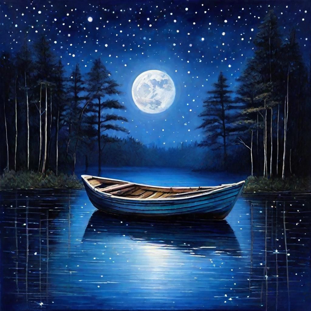 Ethereal Rowboat on Lake Under Moonlight, Pastel Gouache