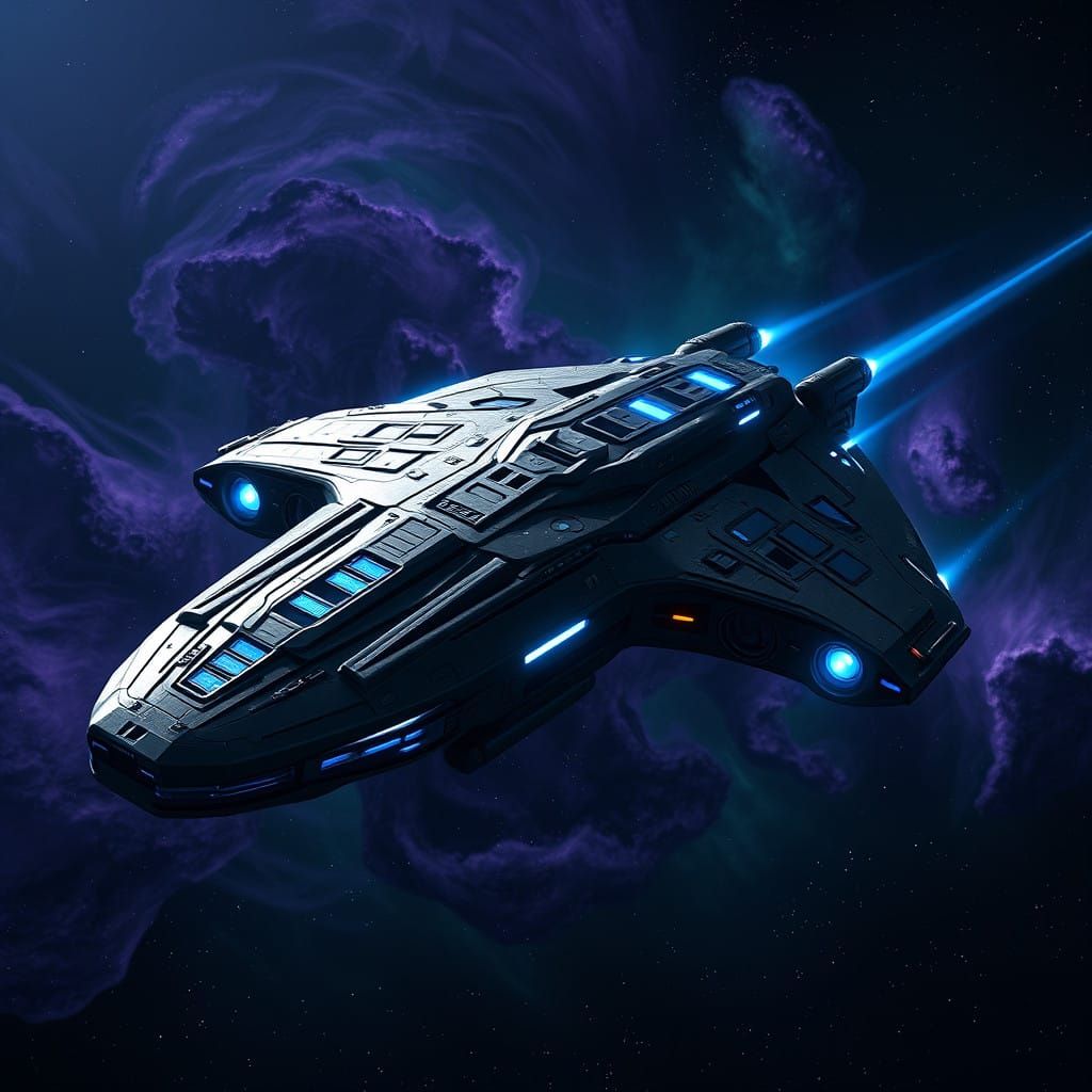 Majestic Spaceship Cruises Through Cosmic Wonders in Cyberpu...
