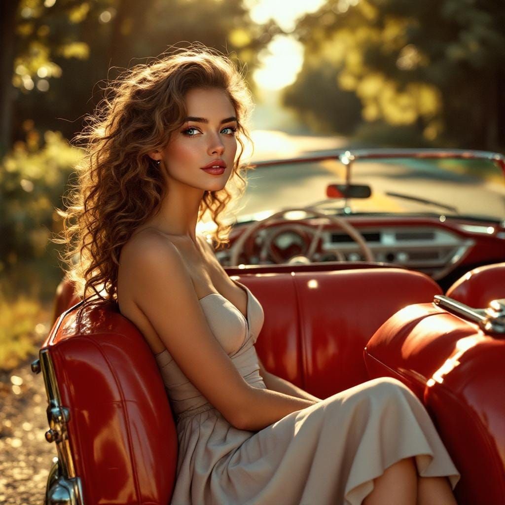 Golden Hour: Woman in 1950s Convertible