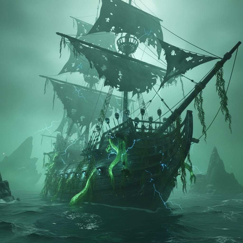 Ghost Pirate Ship in Eerie Green Mist