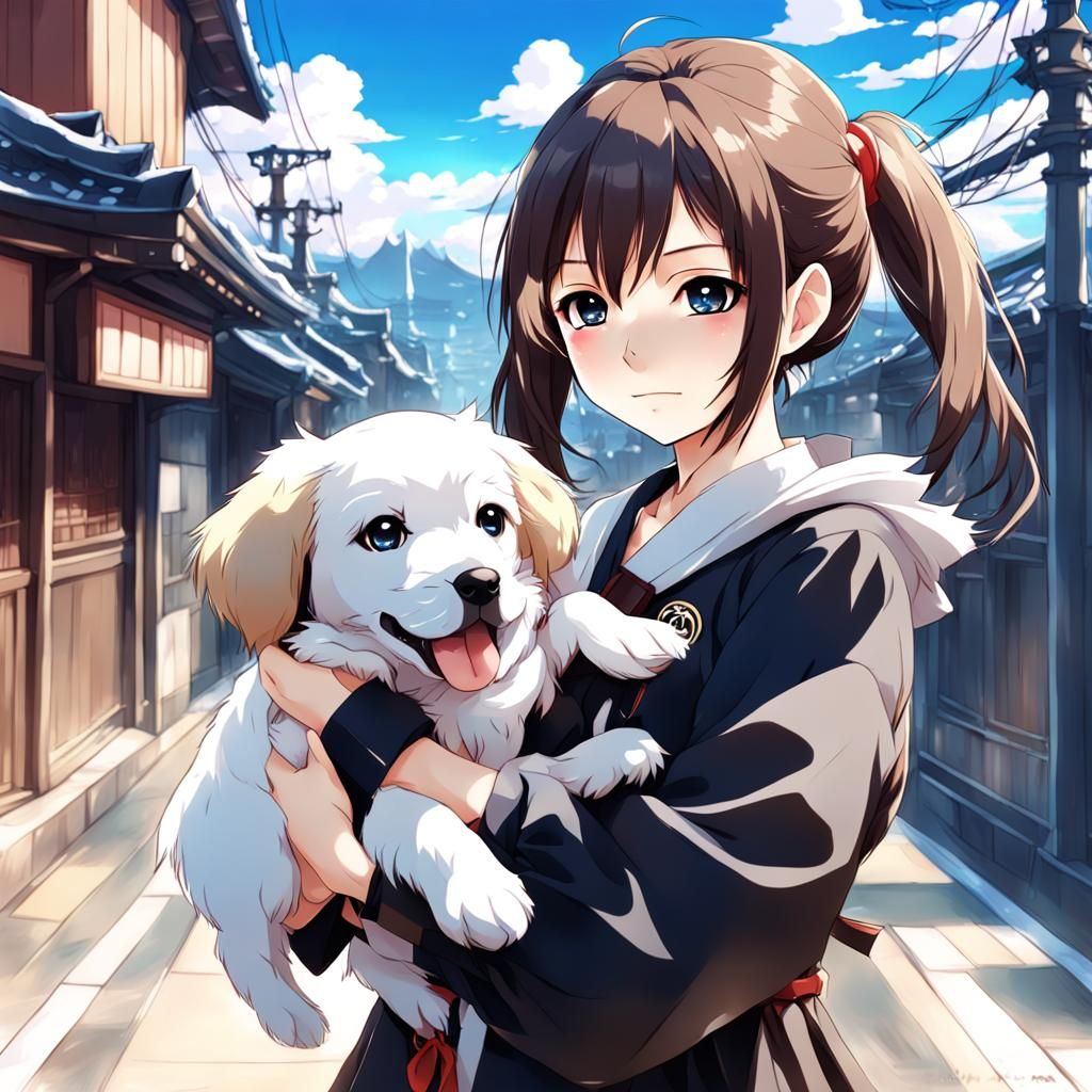 Anime Girl with Puppy in Manga Style