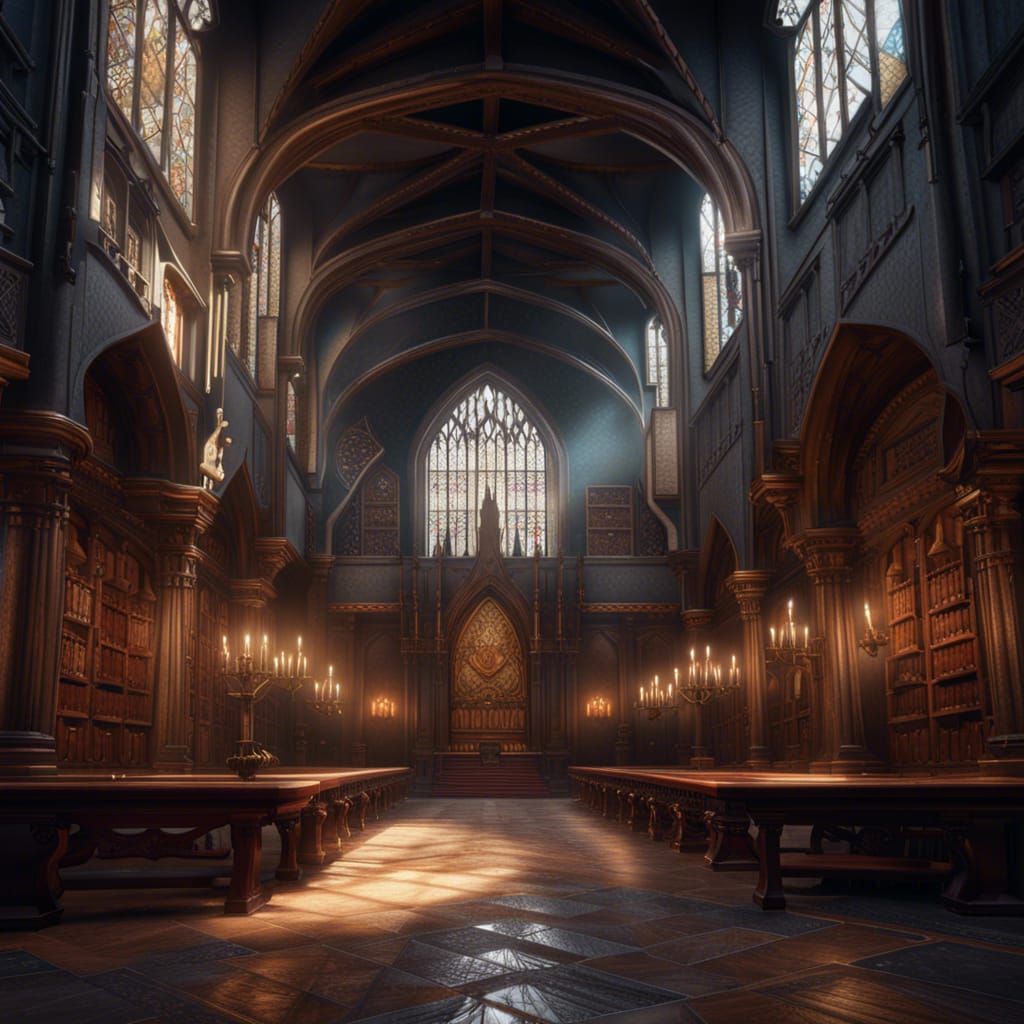 Fantastical Wizarding School Assembly Hall in Matte Painting...