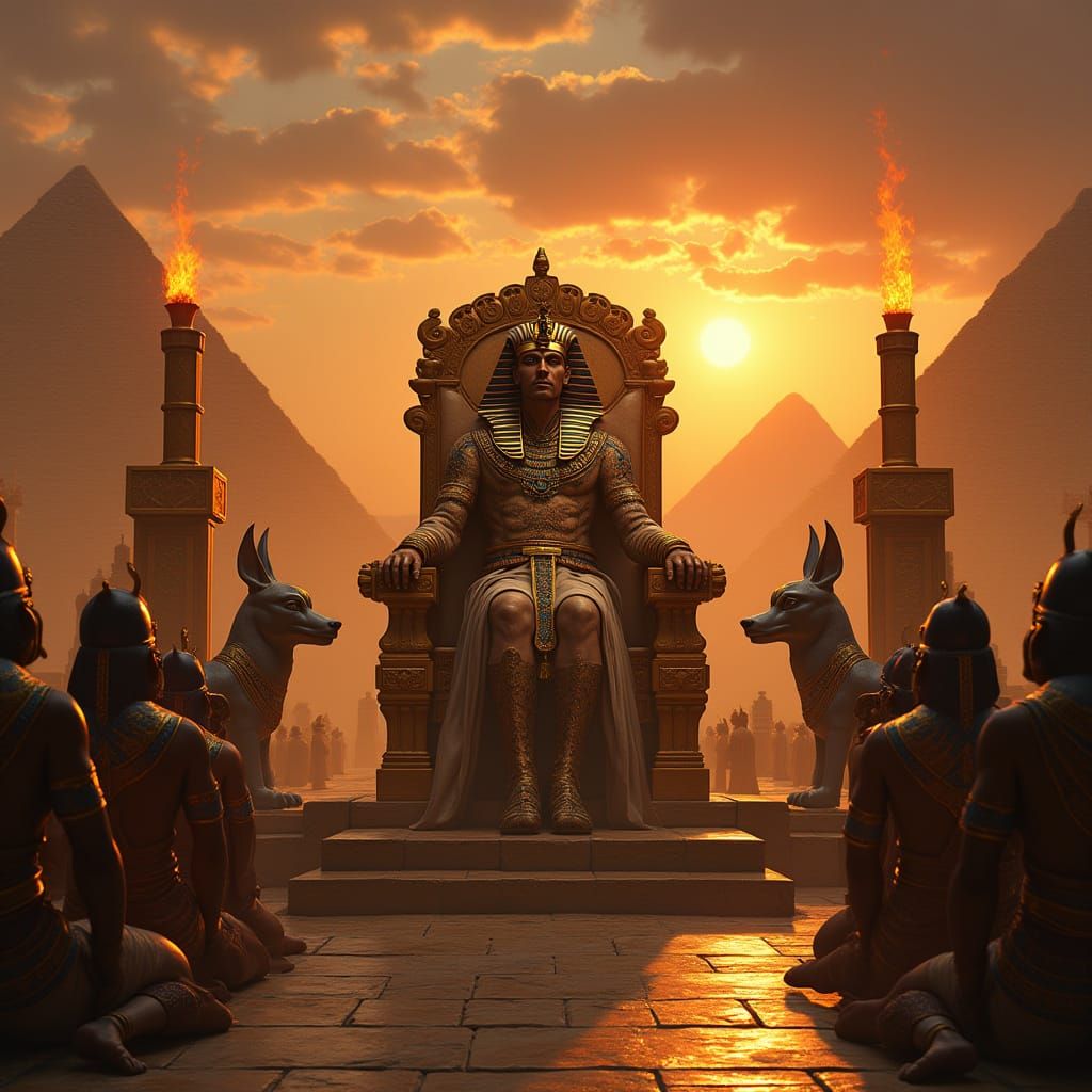 Regal Pharaoh Commands Desert Empire in Golden Splendor