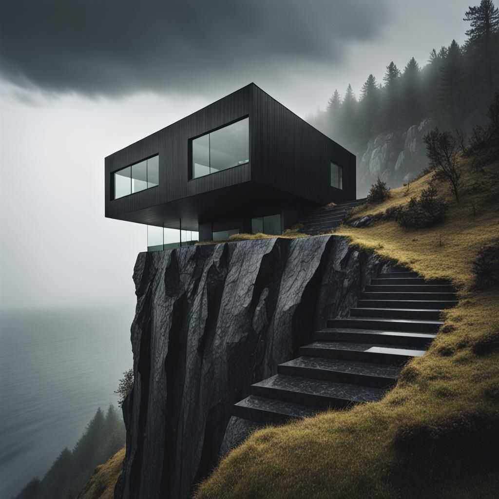 Sinister Black House on Cliff Edge
