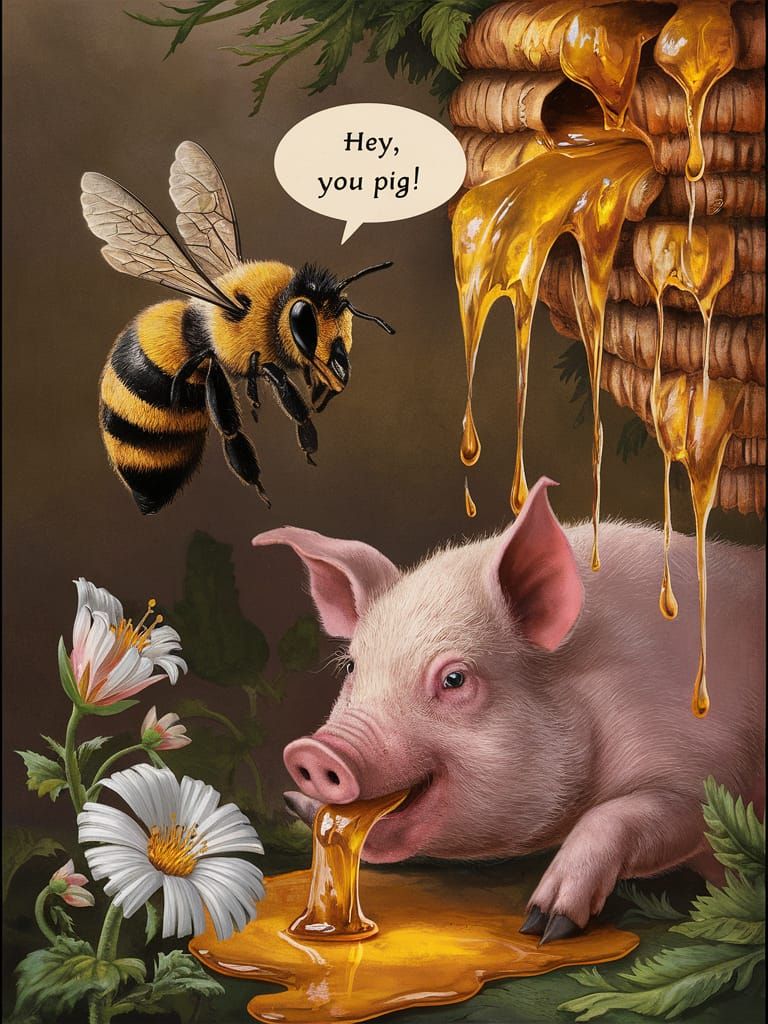 Bee Exclaims at Pig Licking Honey Waterfall