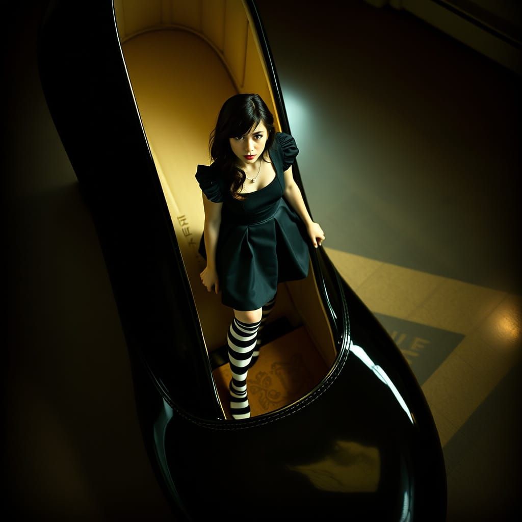 Curvy Woman in a Giant Shoe, in a Whimsical Wonderland Style