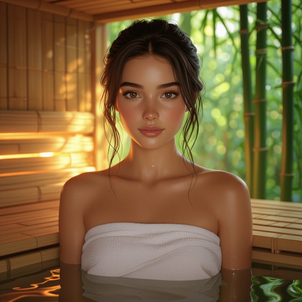 Teenage Beauty in Golden Sauna Light: Fantasy Art