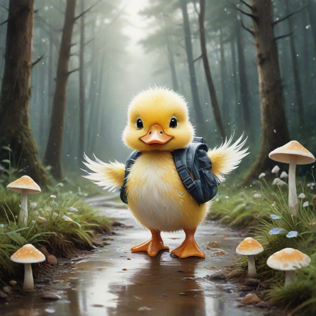 Chibi Duckling Waddles Through Enchanted Forest Path