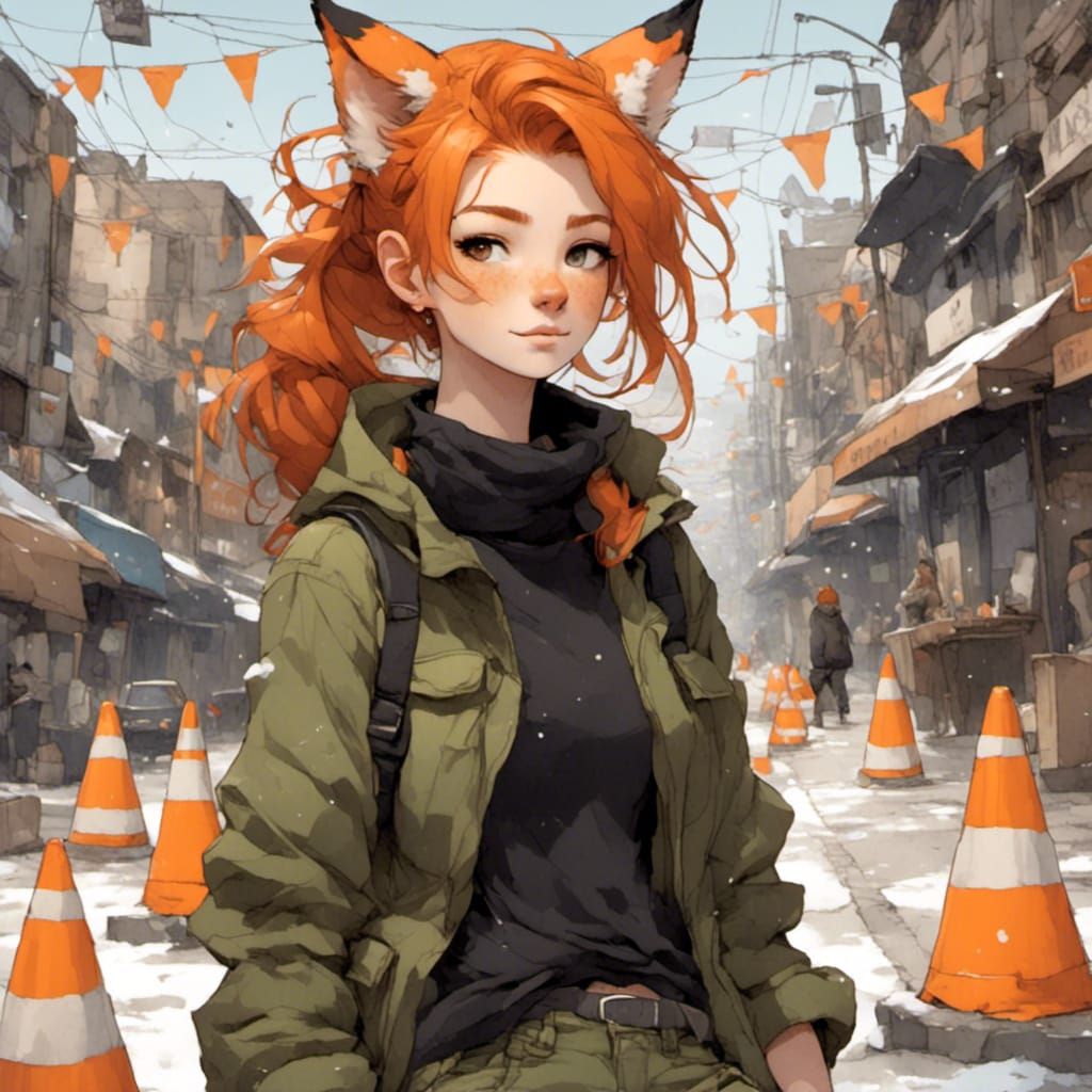 Fox-girl VIXEN wearing a black turtle neck, orange traffic cones everywhere.