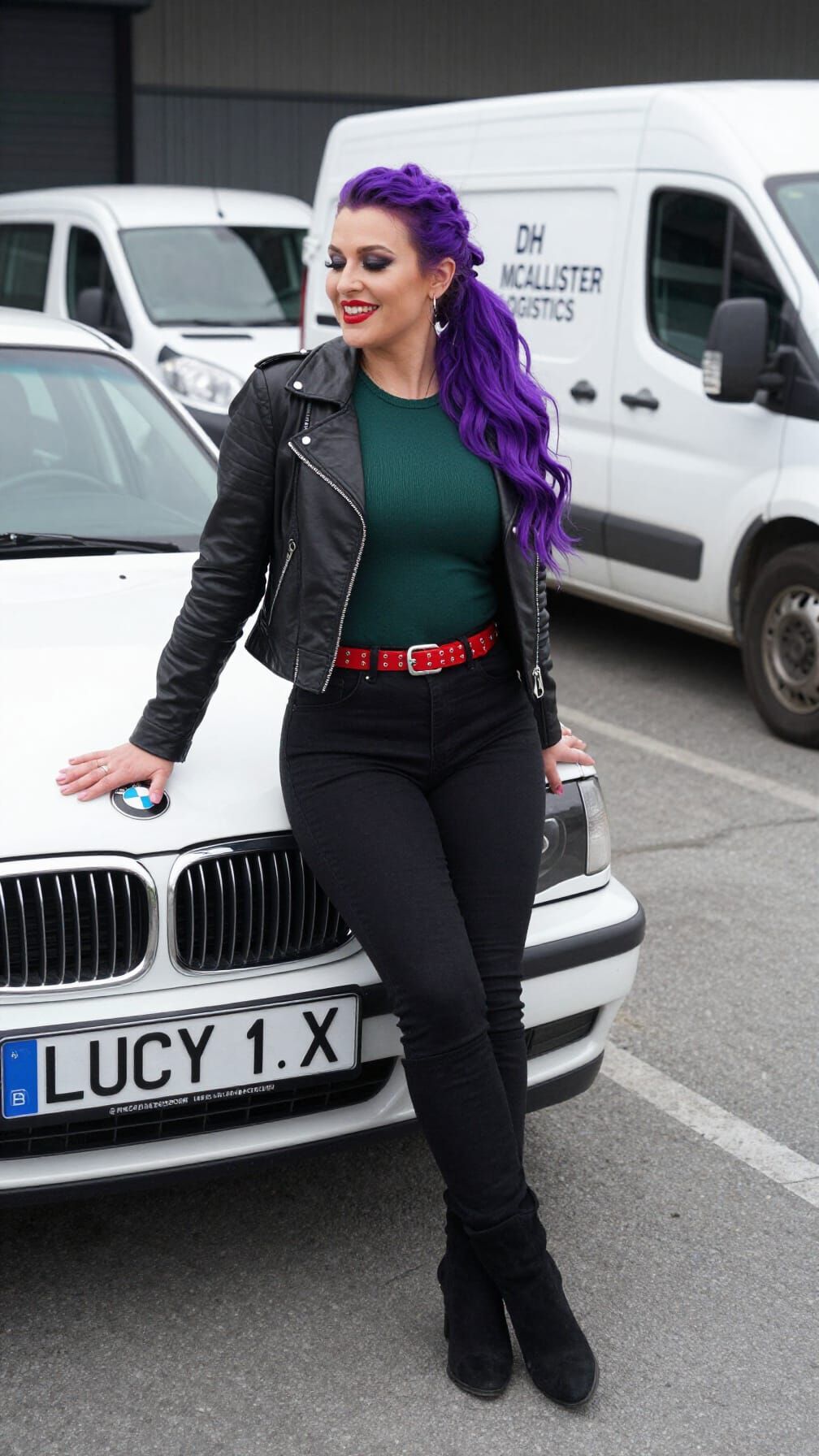 Woman in Gothic Style Poses by Logistics Warehouse