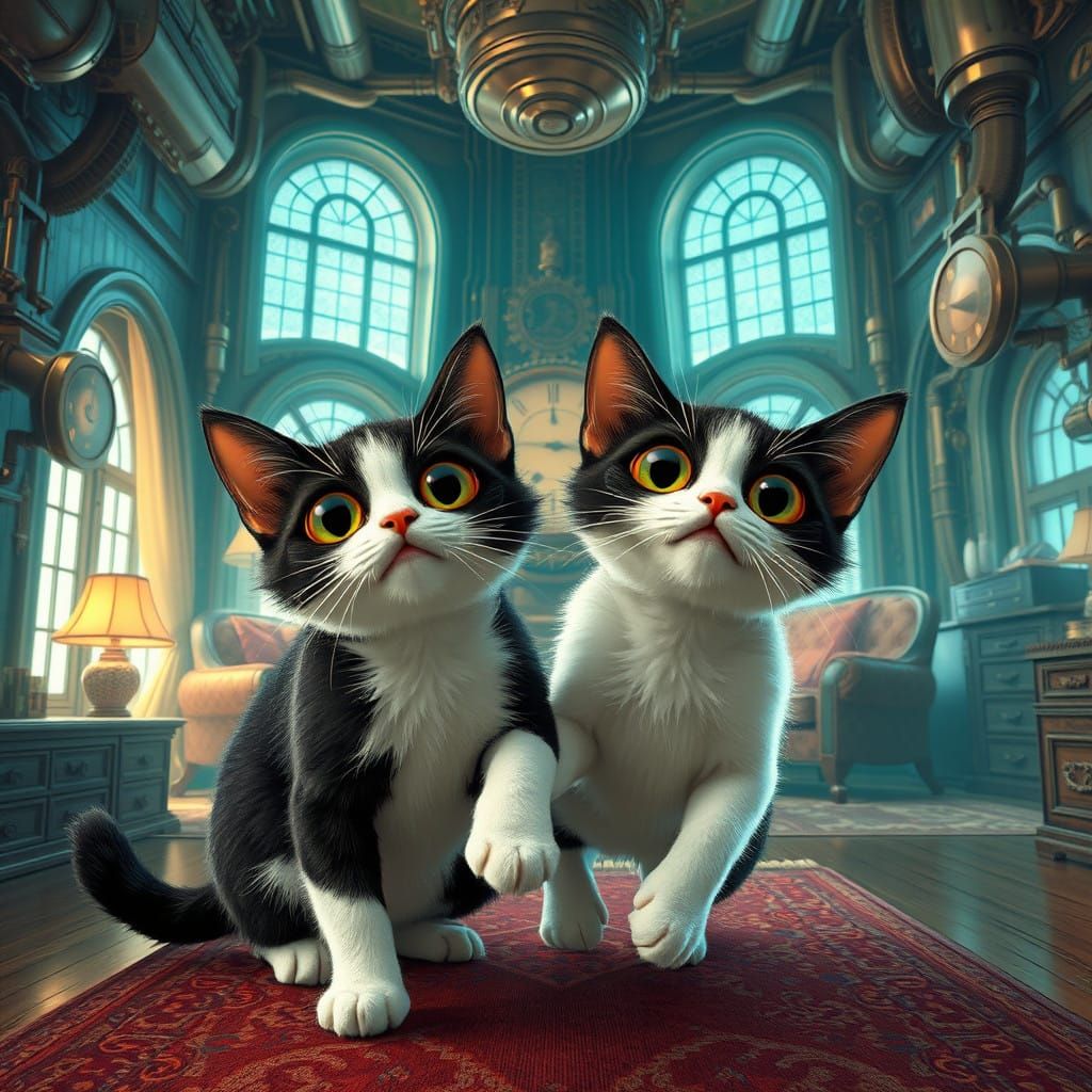 Steampunk Whimsy: Playful Feline Friends in Futuristic Abode