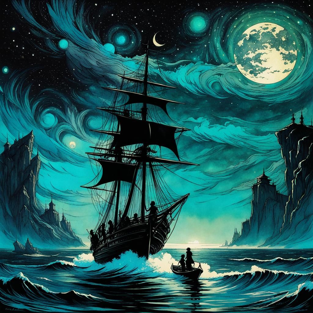 Children Sailing Among Stars in Rackham Anime Style