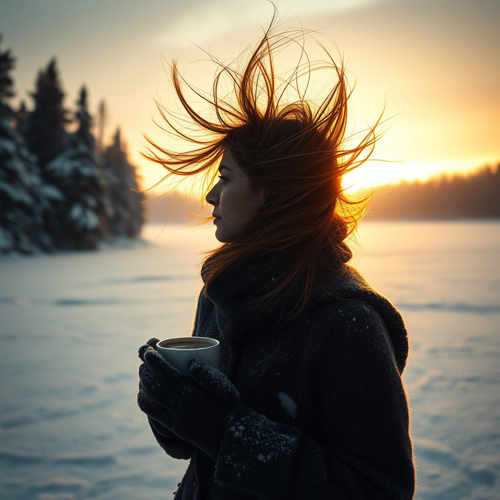Hyperrealistic Figure Gazing at Frozen Lake at Sunrise