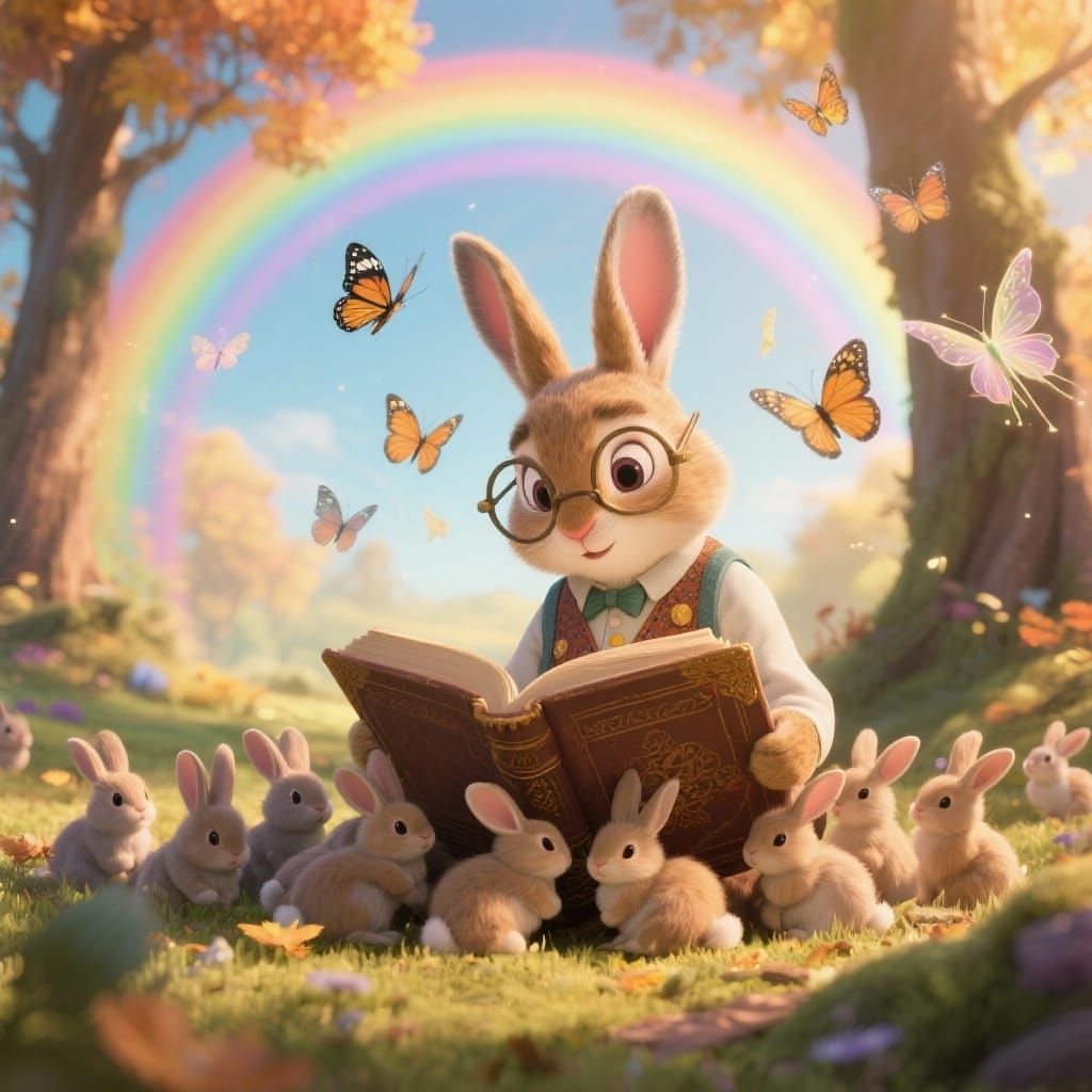 Whimsical Rabbit Reads to Baby Bunnies in Magical Forest