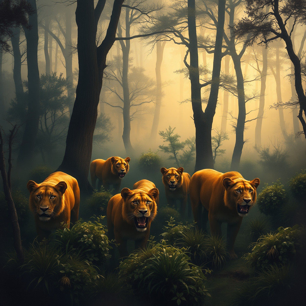 Lions in Misty Forest: Atmospheric Brushstroke Style