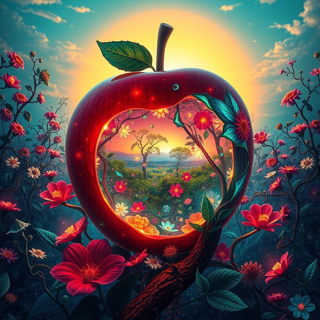 Dreamlike Landscape with Glowing Apple and Labyrinth of Ligh...