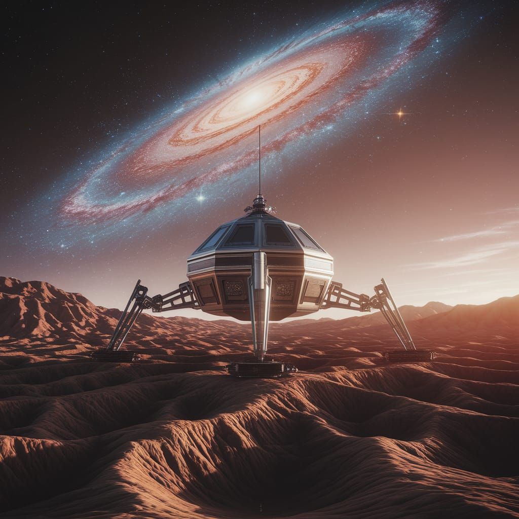 Futuristic Lander on Alien Planet at Sunset