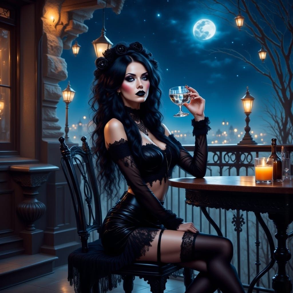 Gothic Woman at Starry Terrace Bar