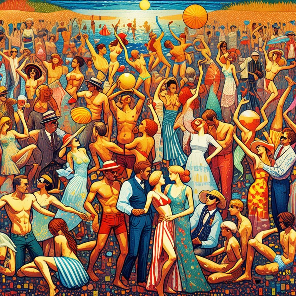 DALL·E 3, I’d like you to generate an image of an inclusive, joyful beach party with diverse attendees that features cou...