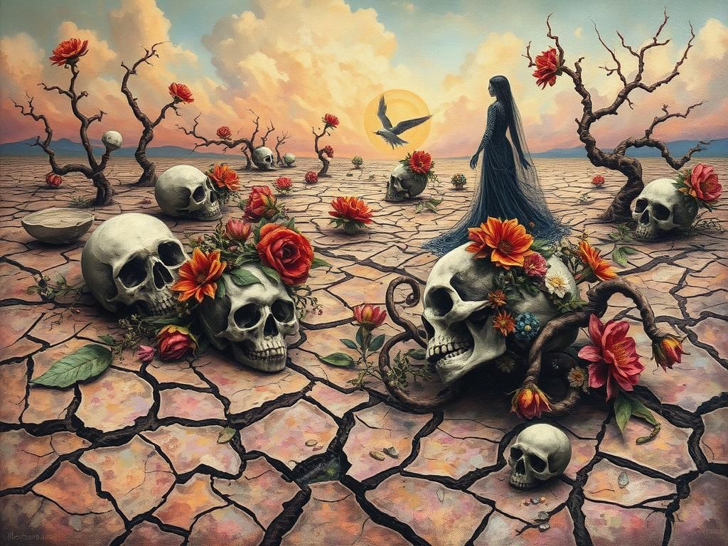 Surreal Skull Landscape with Ghostly Figures