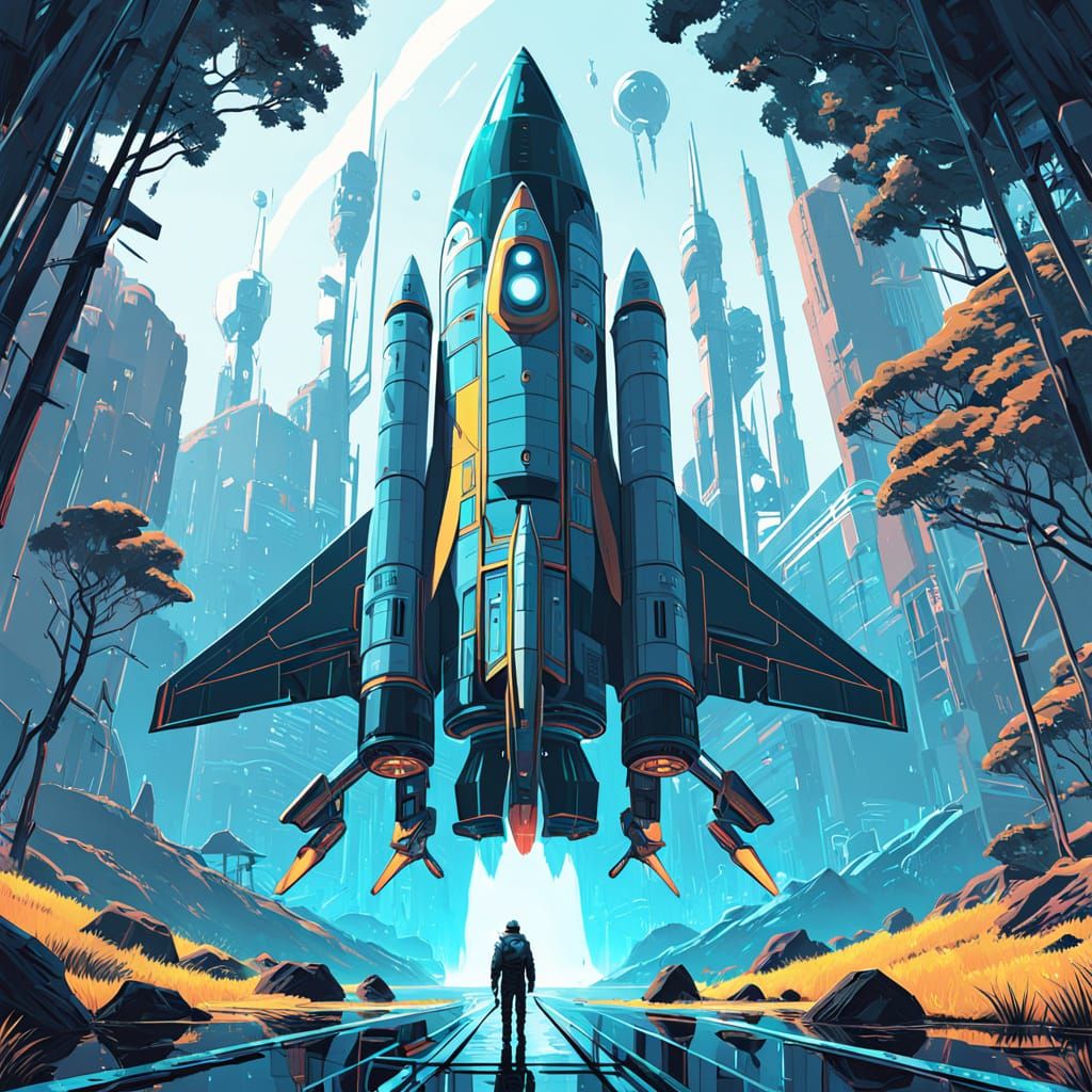 Radiant Spaceship in Bioluminescent Mosaic Landscape