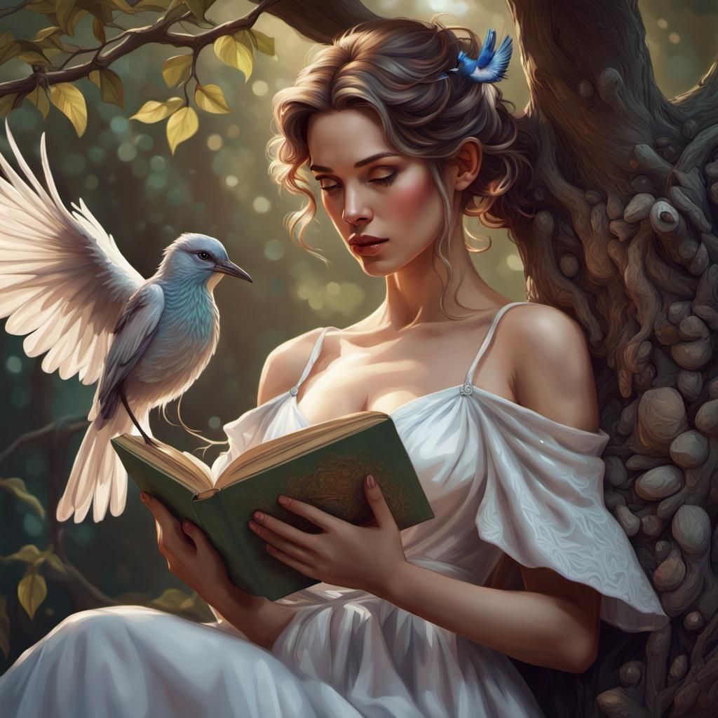 Lady Reading Book with Bird, Detailed Digital Art