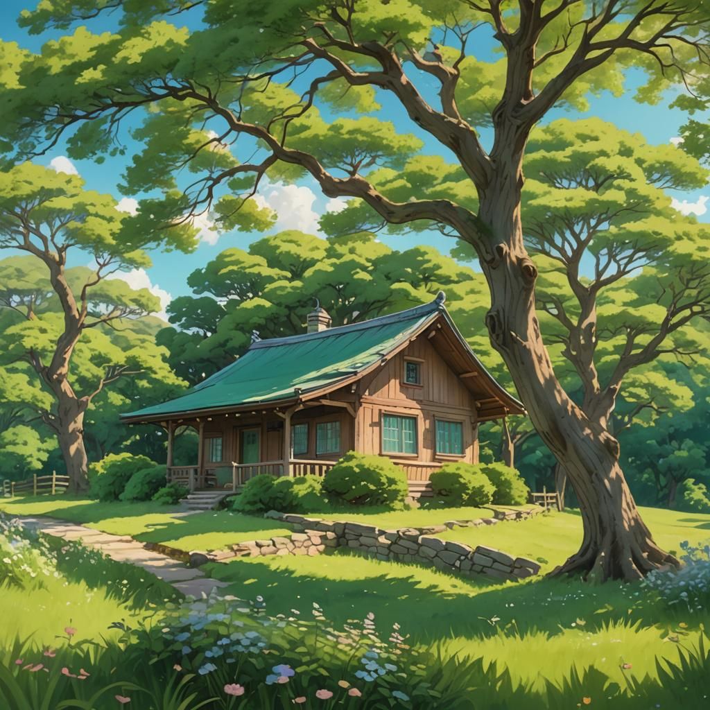 Serene Cottage Under Emerald Tree: Anime Watercolor Digital ...