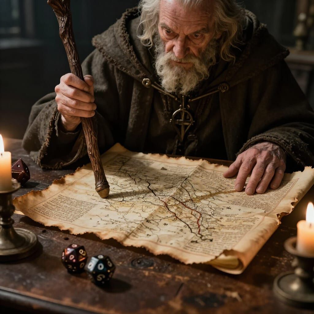 Aged Wizard Studying Ancient Map with Dice