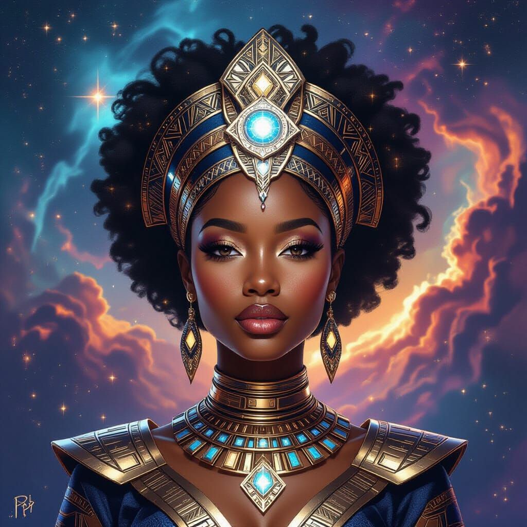 Afrofuturist Woman in Cosmic Nebula, Digital Painting