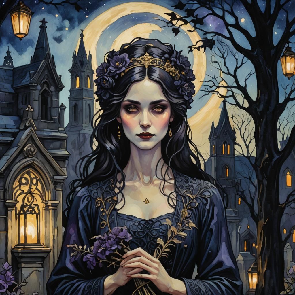 Gothic Woman with Bouquet in Cemetery, Art Nouveau Style
