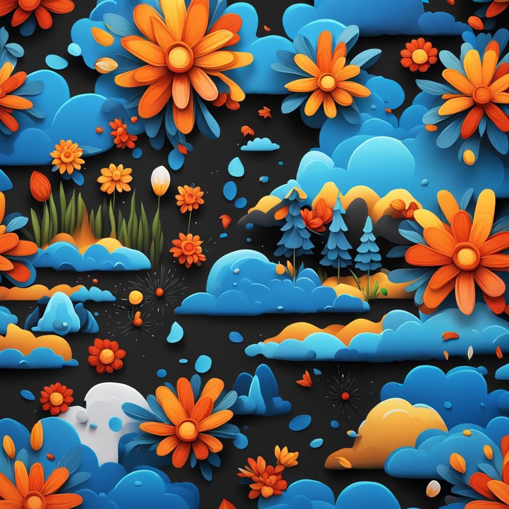 Woman in Flaming Flower Field, 3D Cartoon Art