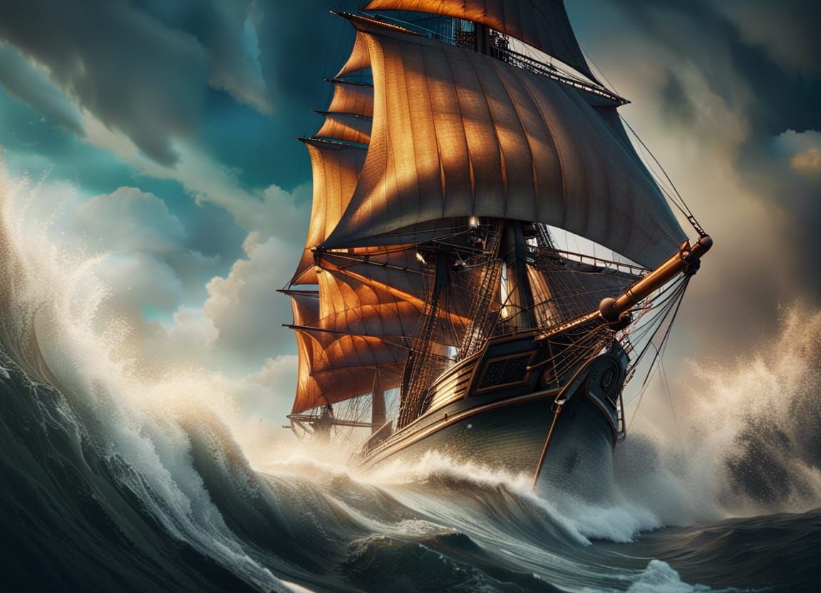 Sailing Ship Amidst Foaming Waves