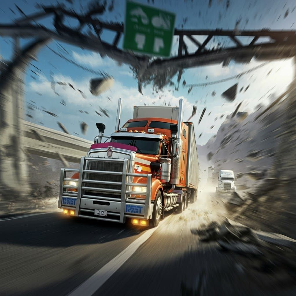 Convoy of Semi-Trucks Speeding Down Highway