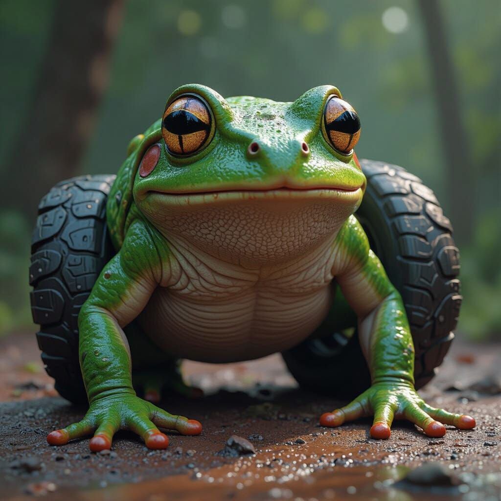 Fantastical Frog-Tire Creature in Vibrant Matte Painting