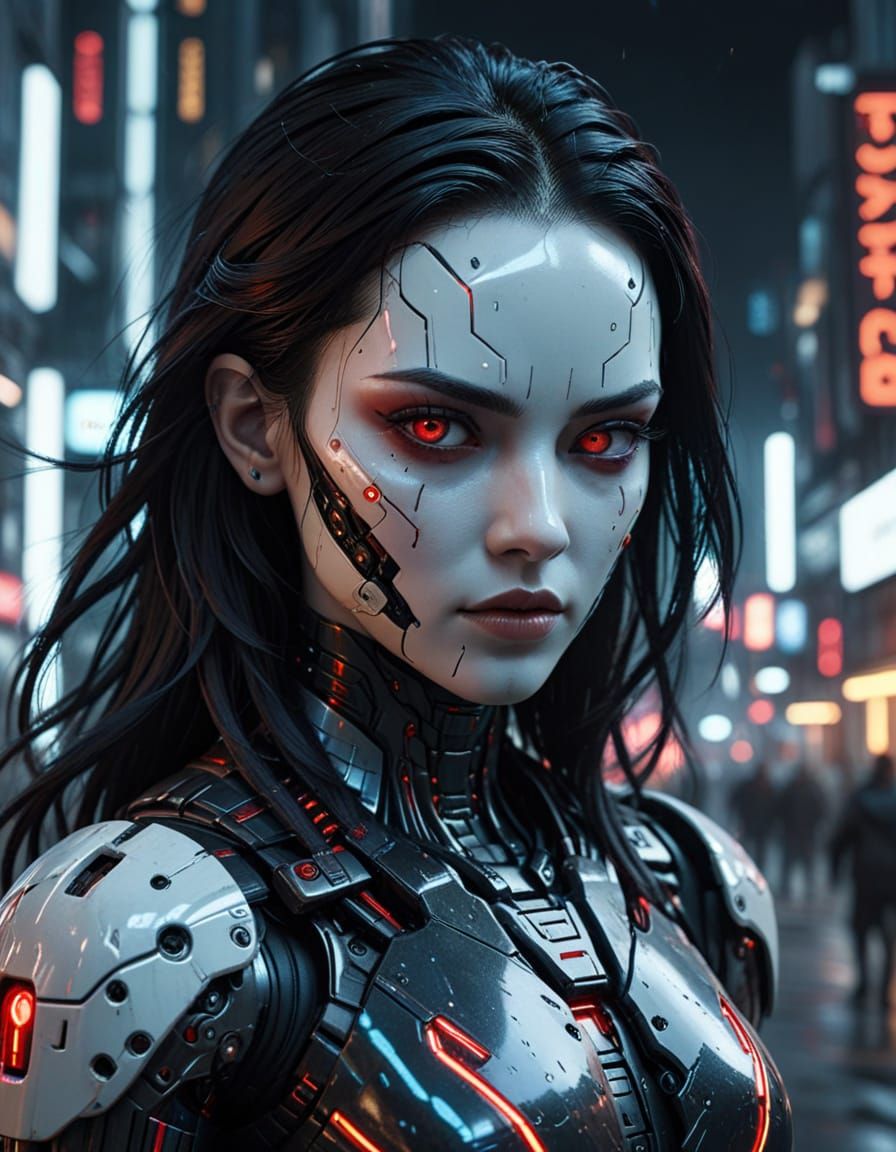 Cyberpunk Android in Neon Cityscape