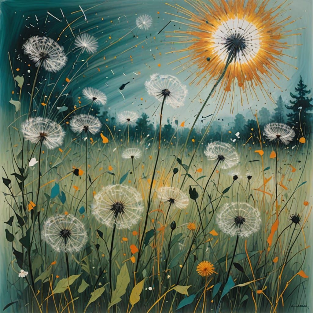 Dandelion Seeds Dance in Vibrant Colors Across a Field