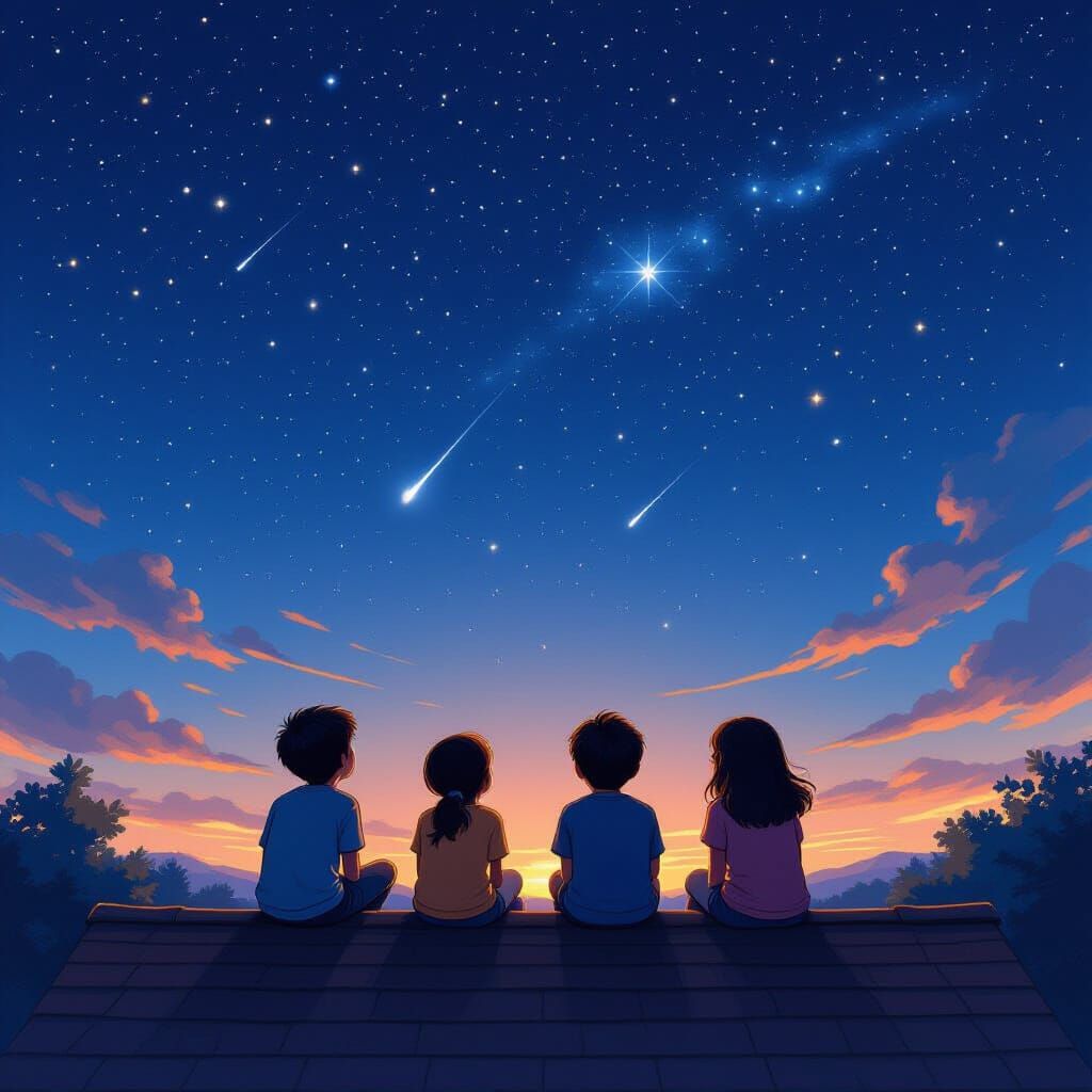 Stargazing Kids on Roof in Dreamy Landscape