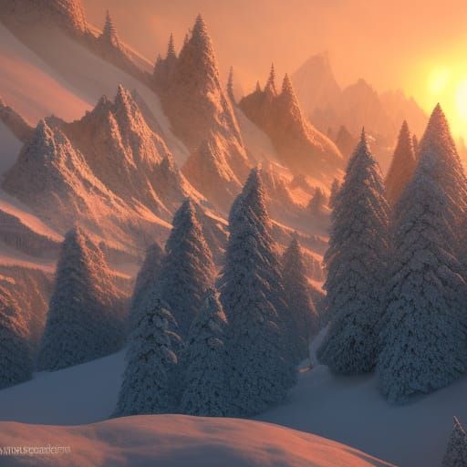 Warm Sunset on Snow Mountain in Matte Painting Style