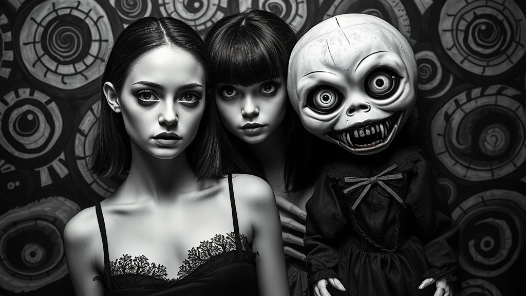 Gothic Black and White Scene with Woman and Doll