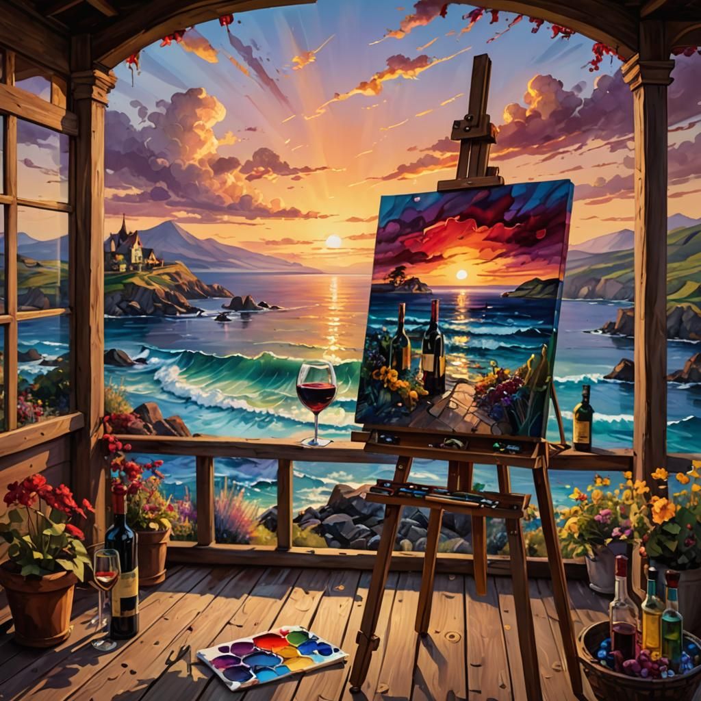 Seaside Golden Hour Landscape Painting in Dark Fantasy Style