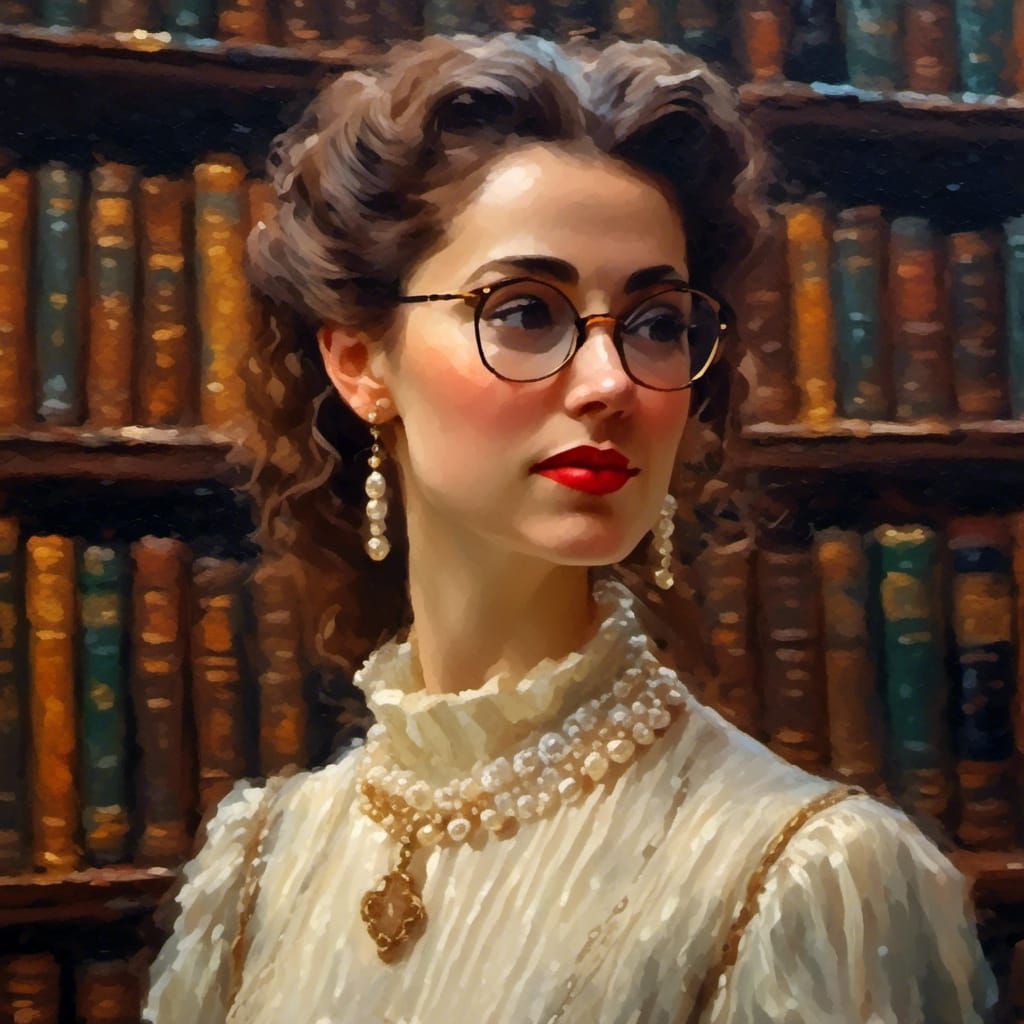 Beautiful Librarian in Rembrandt-Style Impressionistic Portr...
