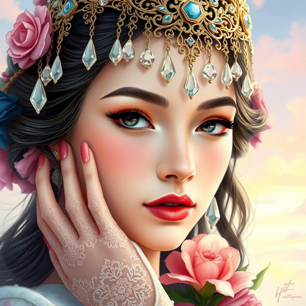 Elegant Lady with Jeweled Headdress in Digital Painting Styl...